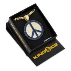 Blue Peace And Love Medallion Necklace -King Ice blue peace and love medallion necklace 14k gold 2 2 king ice 31688863645871